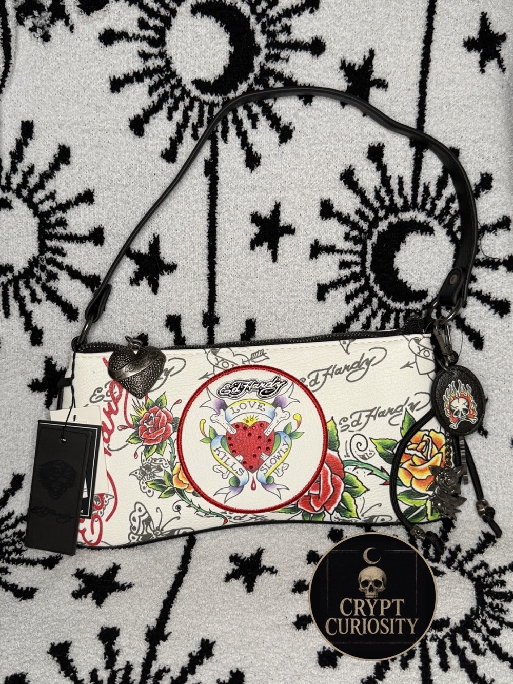 NWT Ed Hardy White & Black Tattoo Graphic Rose Shoulder Bag